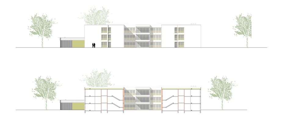 Architektonische Zeichnung eines modernen Mehrfamilienhauses Architektonische Zeichnung eines modernen Mehrfamilienhauses mit Vorder- und Seitenansicht. Das Design zeigt klare Linien, große Fenster und mehrere Stockwerke, umgeben von Bäumen