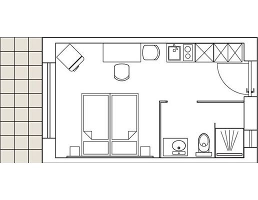 Grundriss eines modularen Wohnraums - WMM Modulbau Grundriss eines modularen Wohnraums mit Küche, Badezimmer und zwei Betten